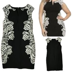 Torrid Black Sheath Scuba Career or Party Dress with White Lace Applique 26 4X